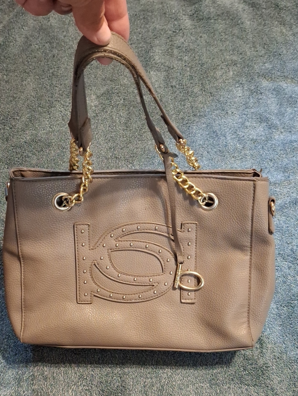 Bebe Taupe Tote Bag with Gold Chain Handles